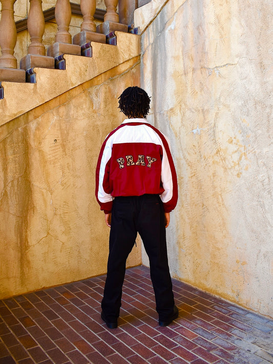 BURGUNDY "PRAY" WINDBREAKER JACKET