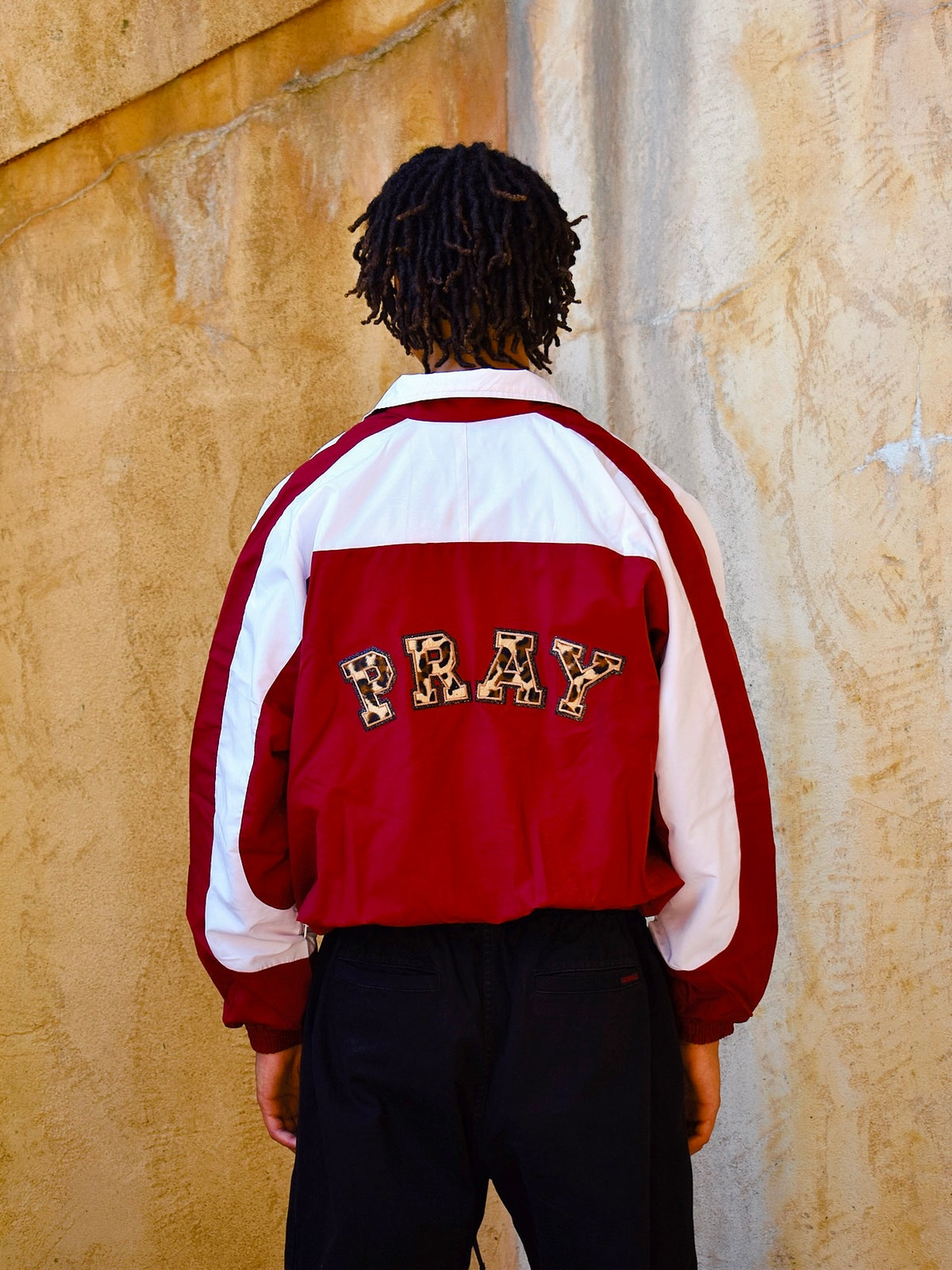 BURGUNDY "PRAY" WINDBREAKER JACKET